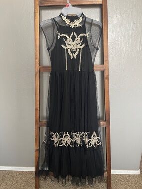 Joyfolie Black Tulle Dress with Cream Floral Appliqué Accents